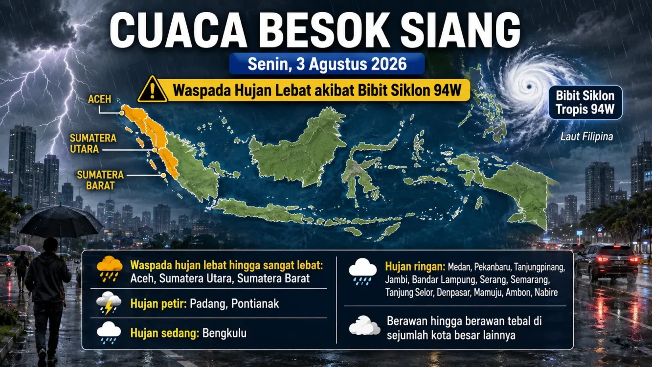 Cuaca Besok Siang Senin 3 Agustus 2026 Waspada Hujan Lebat