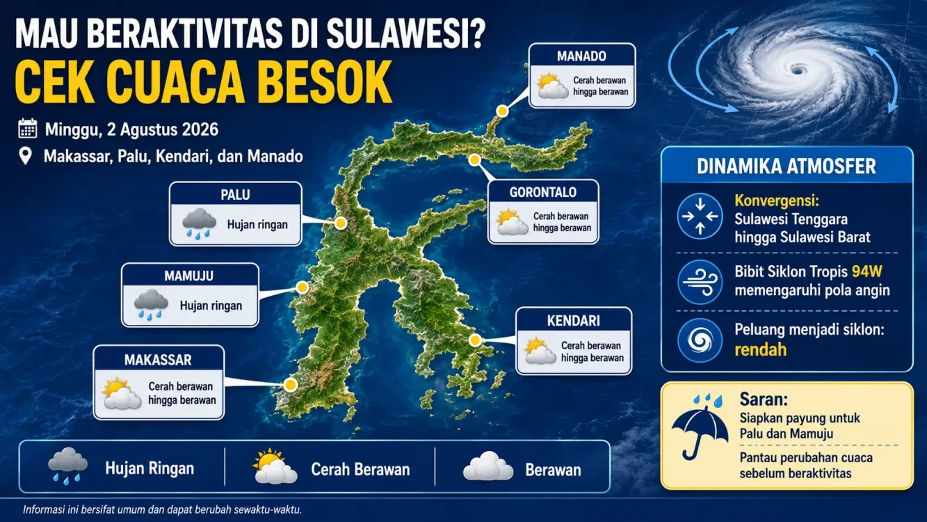 Cuaca Besok di Kota-Kota Sulawesi Makassar, Kendari, Gorontalo, Manado, Palu, Mamuju