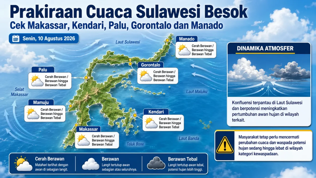 Cuaca di Sulawesi Senin 10 Agustus 2026 hujan atau panas