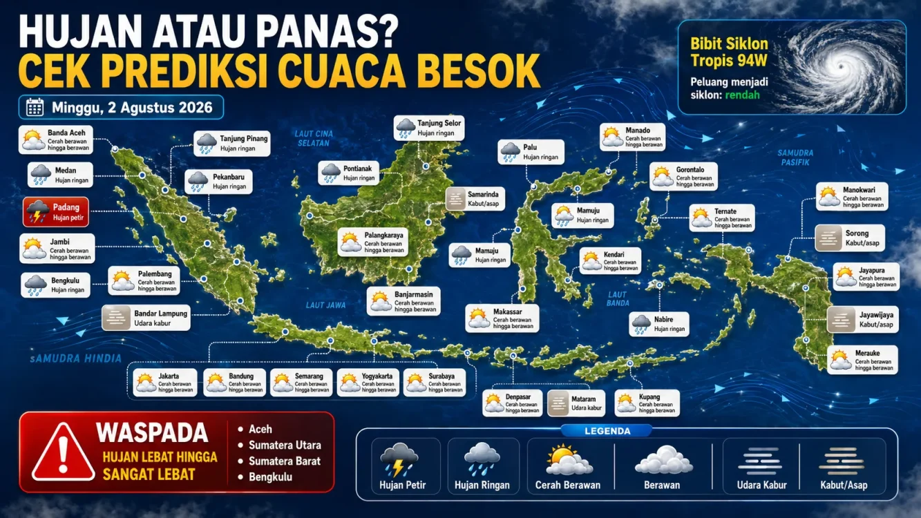 Daftar Cuaca Besok 30 Kota Besar Indonesia, Hujan Petir hingga Kabut Mengintai