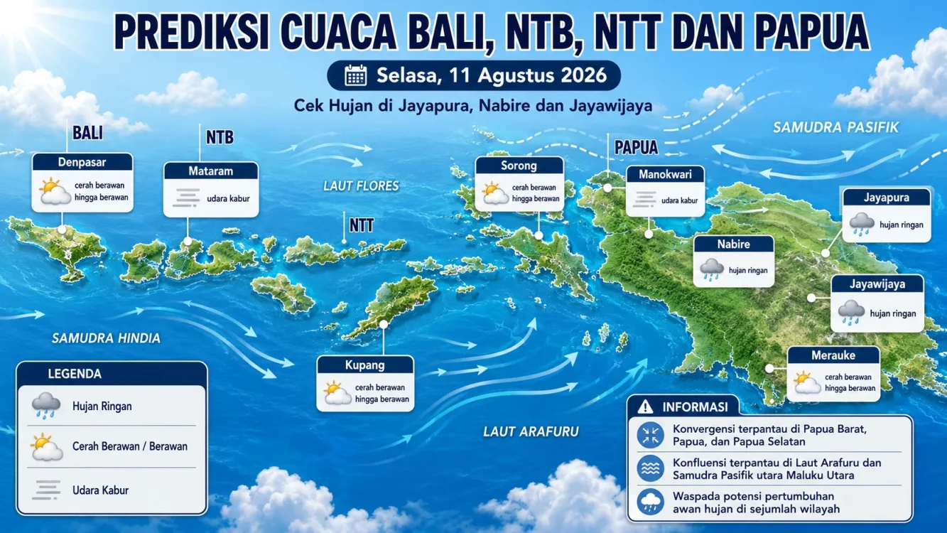 Prakiraan Cuaca Besok Selasa, 11 Agustus 2026 Denpasar, Mataram, Kupang, Sorong, Manokwari hingga Merauke