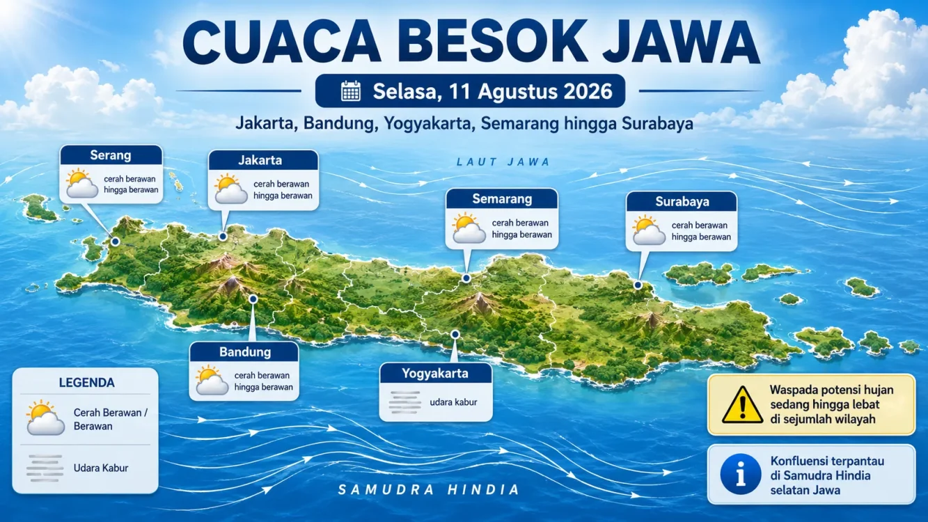 Prakiraan Cuaca Jawa Selasa, 11 Agustus 2026 Cek Jakarta, Bandung, Yogyakarta, Semarang, Surabaya dan Serang