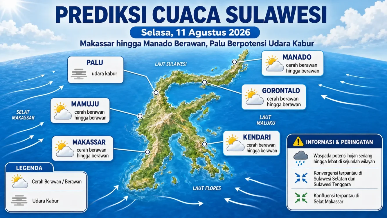 Cuaca Besok Sulawesi Selasa, 11 Agustus 2026: Makassar, Palu, Kendari, Manado, Gorontalo dan Mamuju