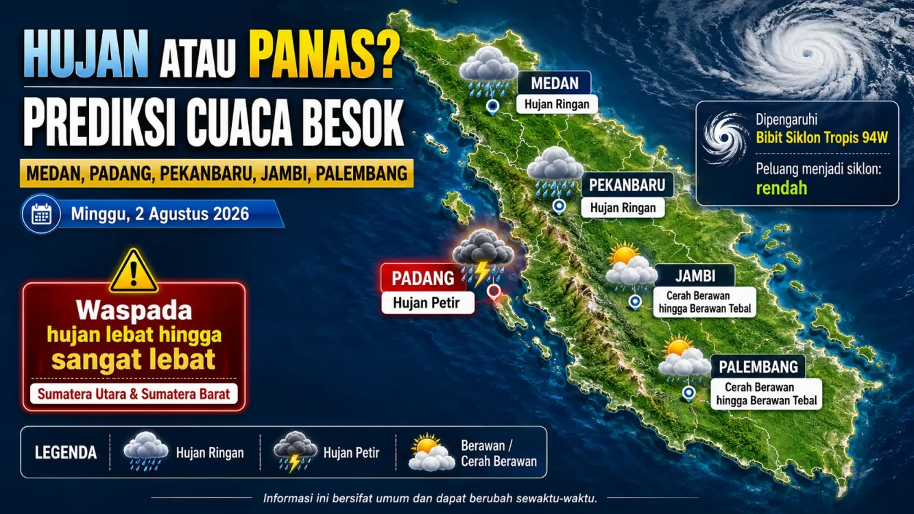Prakiraan Cuaca Sumatera Besok Medan, Pekanbaru, Padang, Palembang hingga Bandar Lampung