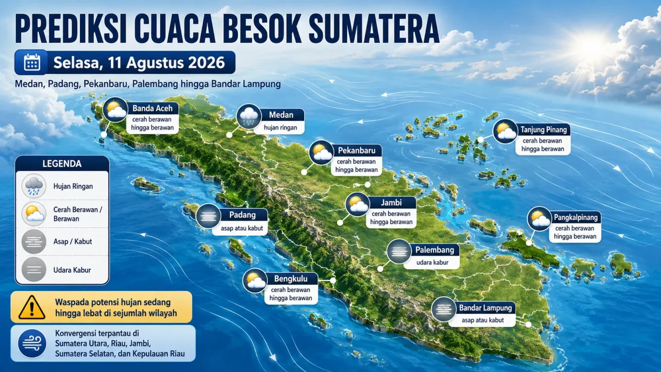 Prakiraan Cuaca Sumatera Besok Selasa, 11 Agustus 2026 Cek Banda Aceh, Medan, Jambi, Palembang dan Bengkulu