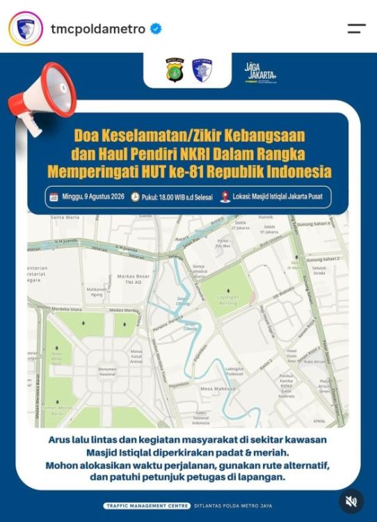 Ada Zikir Kebangsaan di Istiqlal, Polda Metro Jaya Siapkan Parkir Gratis dan Rute Alternatif