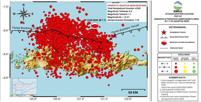 : Aktivitas gempa susulan di Pulau Flores, NTT. (Sumber: BMKG)