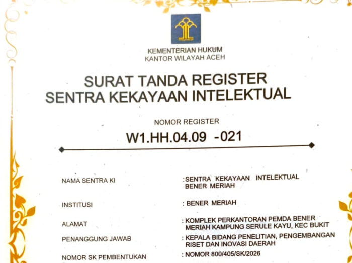 : Surat Tanda Register Sentra Kekayaan Intelektual Nomor W1.HH.04.09-021 diterbitkan pada 10 Agustus 2026 oleh Kantor Wilayah Kementerian Hukum Aceh.
