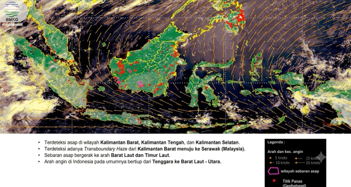 : Peta sebaran asap dan titik panas (hotspot) di wilayah Indonesia dalam citra satelit Himawari yang dirilis oleh Badan Meteorologi, Klimatologi, dan Geofisika . (Info BMKG).