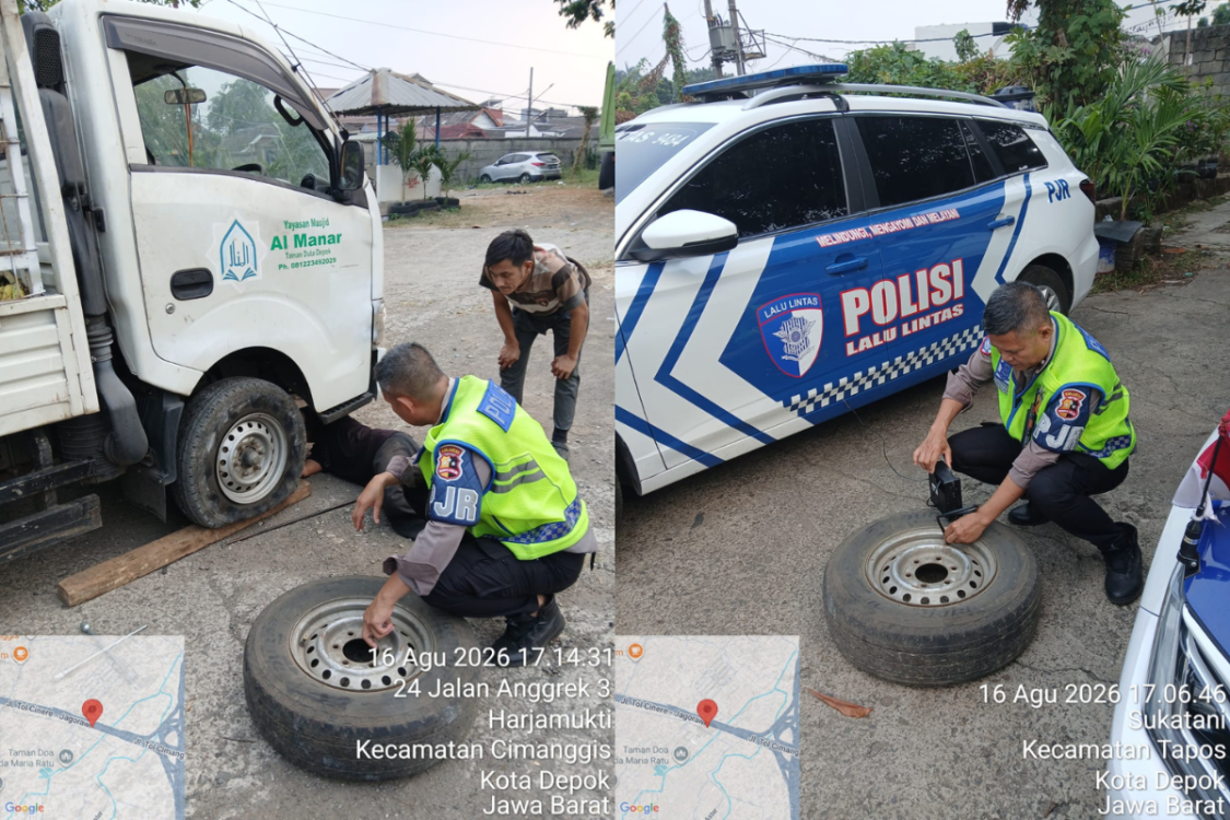 Cegah Kecelakaan, Personel PJR Jagorawi Amankan Pick Up yang Alami Gangguan Ban di Jalur Tol Cijago