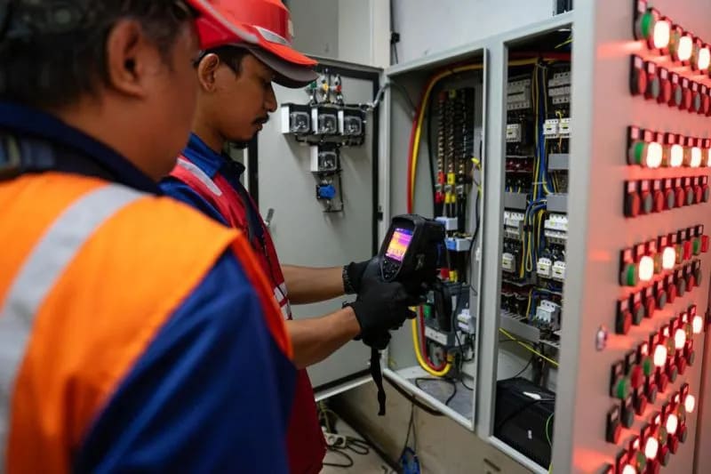 : Tim teknisi memantau kondisi panel distribusi listrik utama demi mengawal kelancaran rangkaian acara Muktamar ke-35 NU di Jombang, Jawa Timur. ANTARA/HO-PLN Jatim.