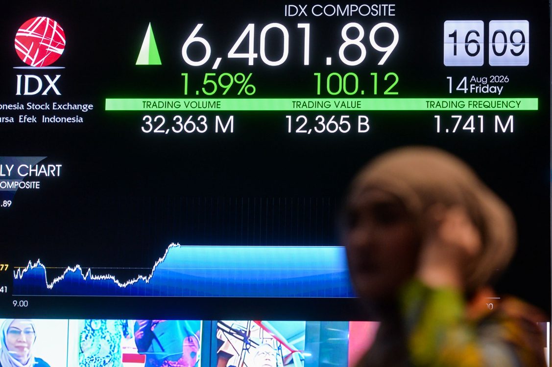 : Pengunjung melintas di depan layar yang menampilkan pergerakan Indeks Harga Saham Gabungan (IHSG) di Bursa Efek Indonesia, Jakarta, Jumat (14/8/2026). IHSG pada perdagangan Jumat (7/8) ditutup menguat 100,12 poin atau 1,59 persen ke posisi 6.401,89 dikarenakan pelaku pasar merespons target disiplin fiskal dan pertumbuhan ekonomi Pemerintahan Presiden Prabowo Subianto pada 2027. (ANTARA FOTO/Putra M. Akbar/YU)
