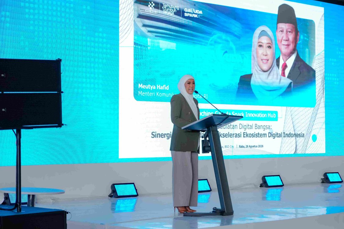 : Menkomdigi Meutya Hafid menyampaikan keynote speech saat menghadiri peluncuran Garuda Spark Innovation Hub BSD, Tangerang, Rabu (26/08/2026). (Foto:Agus Siswanto/InfoPublik-IGID/KPM Kemkomdigi)