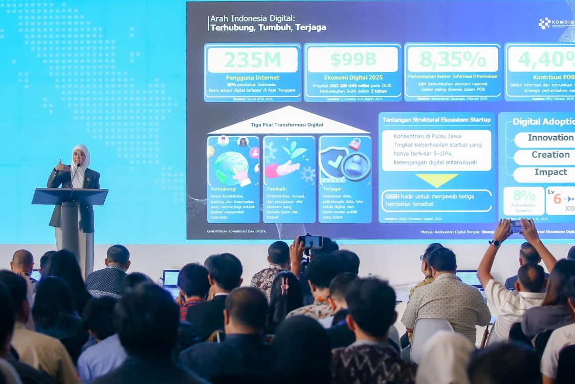 : Menkomdigi Meutya Hafid menyampaikan keynote speech saat menghadiri peluncuran Garuda Spark Innovation Hub BSD, Tangerang, Rabu (26/08/2026). (Foto:Agus Siswanto/InfoPublik-IGID/KPM Kemkomdigi)