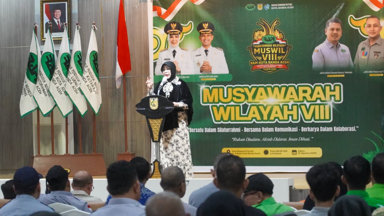 : Wali Kota Banda Aceh, Illiza Sa'aduddin Djamal saat membuka Musyawarah Wilayah (Muswil) VIII RAPI 01.01 Kota Banda Aceh di Aula Gedung Mawardy Nurdin, Sabtu (1/8/2026).