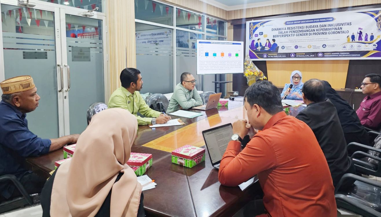 : Diskusi kelompok terpumpun hasil penelitian “Dinamika Resistensi Budaya dan Inklusivitas dalam Pengembangan Kepemimpinan Berperspektif Gender di Pemerintahan Daerah Gorontalo”, Kamis (27/8/2026). (mc gorontaloprov/foto fahmi)