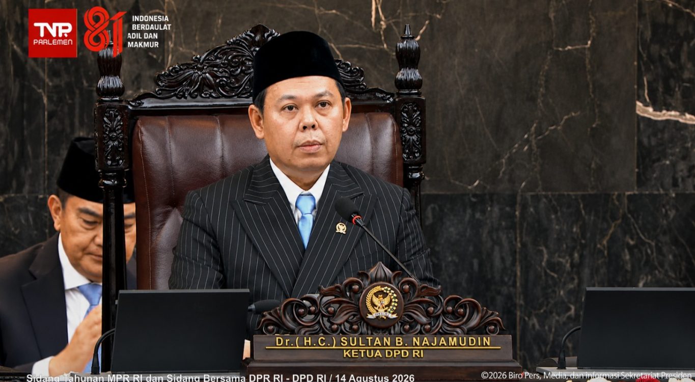 : Ketua DPD RI, Sultan Baktiar Najamudin, dalam Sidang Tahunan MPR RI serta Sidang Bersama DPR RI dan DPD RI di Kompleks Parlemen, Senayan, Jakarta, Jumat (14/8/2026). Tangkapan Layar TV Parlemen
