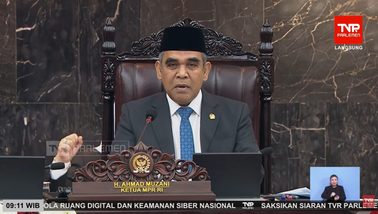 : Ketua MPR RI Ahmad Muzani dalam Sidang Tahunan MPR RI dan Sidang Bersama DPR RI dan DPD RI Tahun 2026 di Gedung Nusantara, Kompleks Parlemen, Jakarta, Jumat (14/8/2026). Foto: Tangkapan Layar TV Parlemen