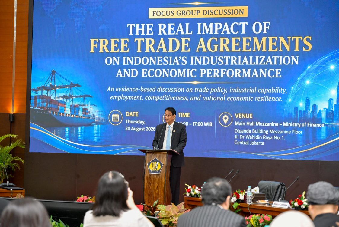 : Menkeu Purbaya Yudhi Sadewa saat menjadi keynote speaker pada Free Trade Agreements on Indonesia Industrialization and Economic Perforamance di Aula Juanda, Kementerian Keuangan, Jakarta pada Kamis (20/8/2026). (Dok. Kemenkeu)