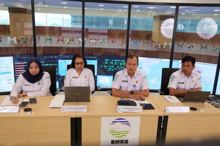 : Kepala BMKG Teuku Faisal Fathani bersama jajaran dalam Rapat Koordinasi Penanganan Darurat Bencana Gempa Bumi Provinsi NTT di Gedung MHEWS BMKG, Jakarta, Sabtu (15/8/2026). (Foto BMKG)