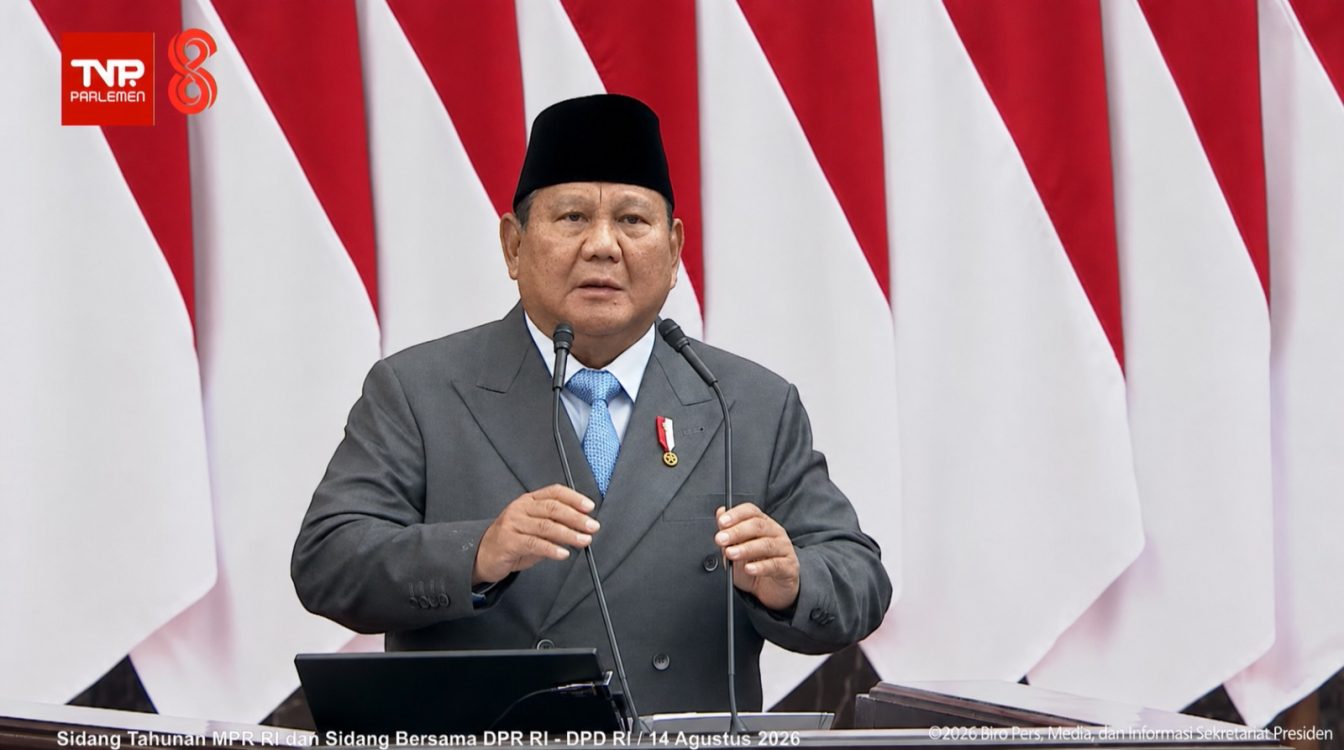 : Presiden Republik Indonesia (RI), Prabowo Subianto, dalam Sidang Tahunan MPR RI serta Sidang Bersama DPR RI dan DPD RI di Kompleks Parlemen, Senayan, Jakarta, Jumat (14/8/2026). Tangkapan Layar TV Parlemen