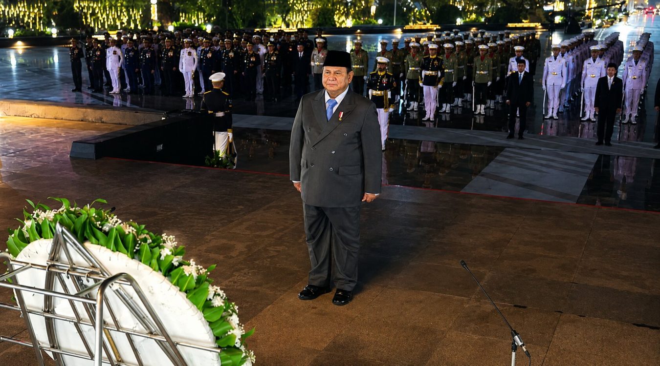 : Presiden Prabowo Subianto memimpin upacara ziarah nasional dan renungan suci di Taman Makam Pahlawan (TMP) Nasional Utama Kalibata, Jakarta, pada Minggu (16/8/2026). (Tangkapan Layar Kanal Youtube Setpres)