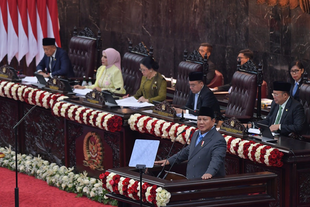 : Presiden Prabowo Subianto dalan pidato Nota Keuangan 2026 di gedung DPR-MPR RI Senayan, Jakarta, Jumat (14/8/2026). (Foto: Amiri Yandi/InfoPublik/KPM Kemkomdigi)