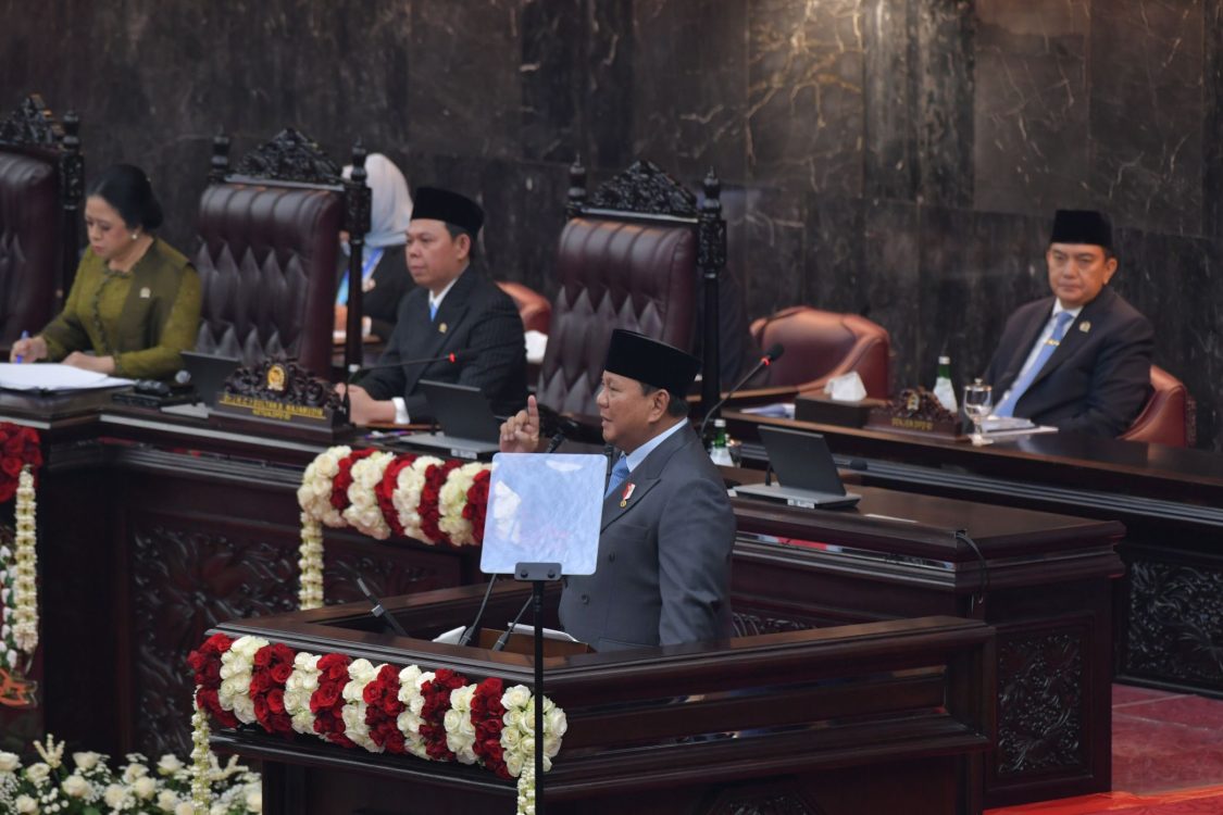 : Presiden RI Prabowo Subianto dalam pidatonya pada Sidang Tahunan MPR RI serta Sidang Bersama DPR RI dan DPD RI Tahun 2026, Jumat (14/8/2026). (Foto: Amiri Yandi/InfoPublik)