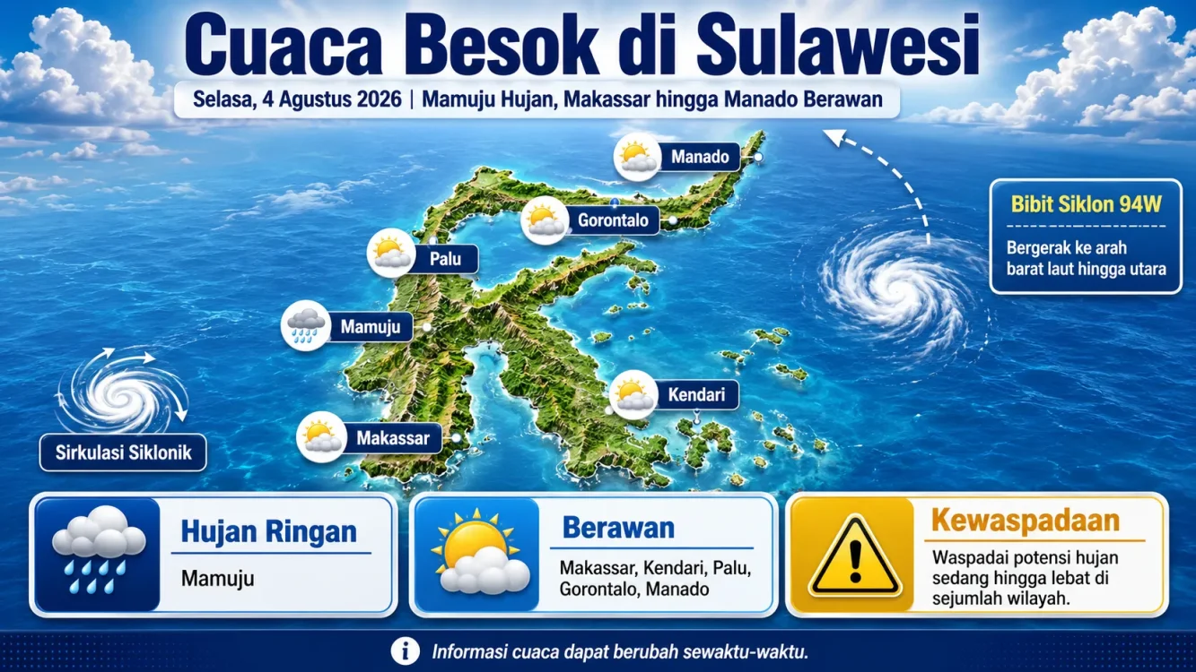 rakiraan Cuaca Besok Sulawesi Mamuju Hujan Ringan, Gorontalo-Manado Berawan