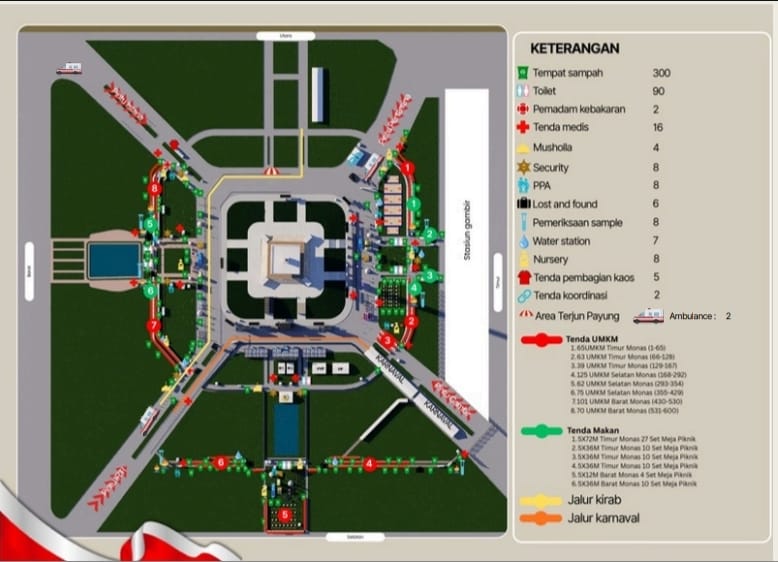 : Ilustrasi denah sementara lokasi Pesta Rakyat dan Karnaval dalam rangka perayaan HUT Ke-81 Kemerdekaan RI di kawasan Monumen Nasional (Monas), Senin, 17 Agustus 2026. Foto: Istimewa