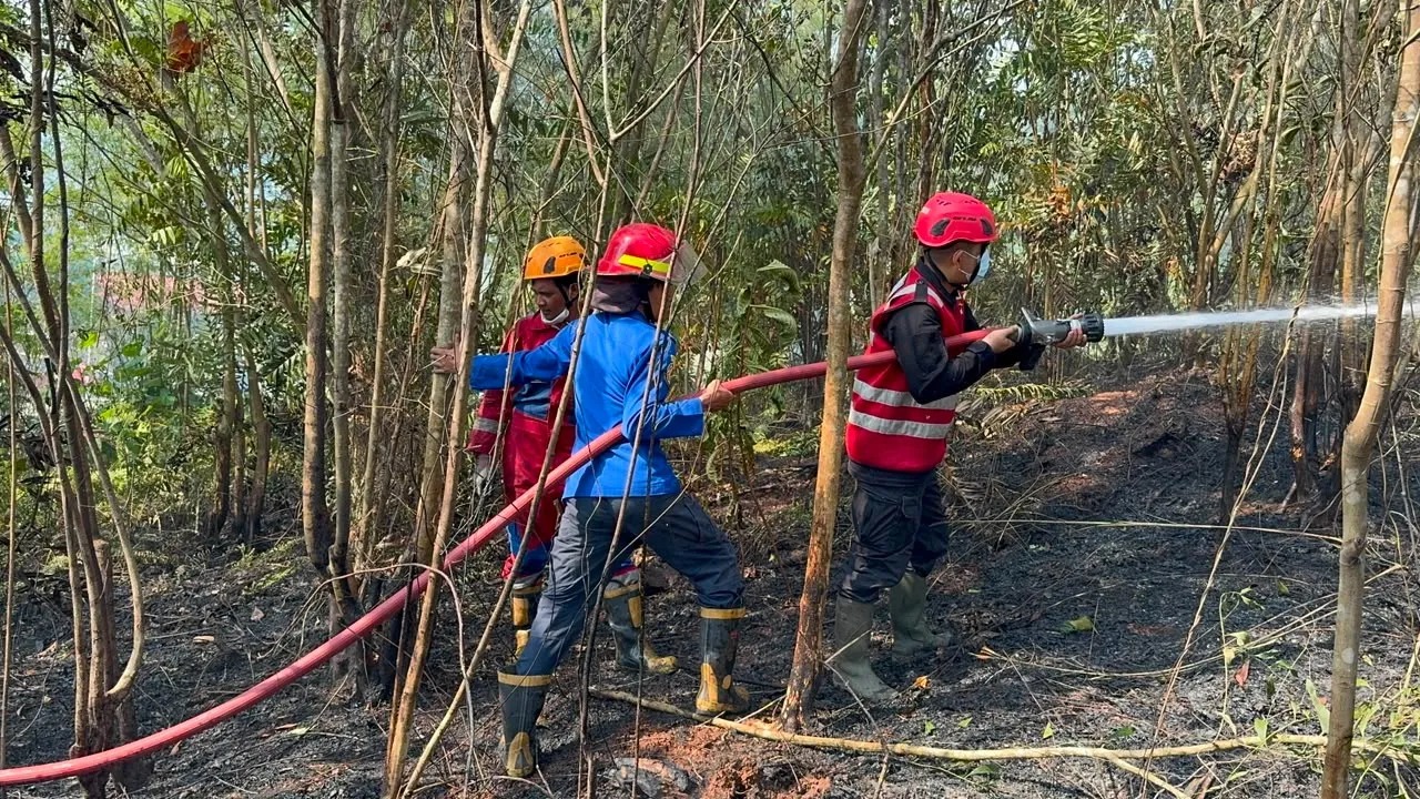 Tim Respons Bencana Batalyon A Pelopor Brimob Kaltim Padamkan Kebakaran Lahan di Gunung Bahagia