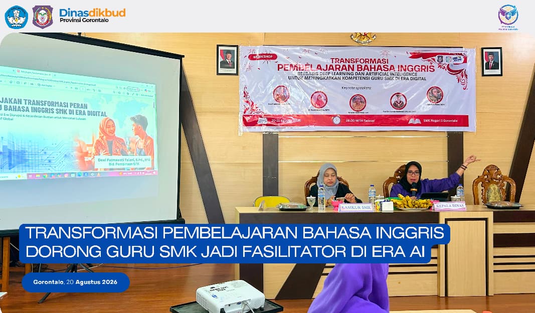 : Transformasi Pembelajaran Bahasa Inggris Berbasis Deep Learning dan Artificial Intelligence untuk Meningkatkan Kompetensi Guru SMK di Era Digital yang berlangsung di SMK Negeri 1 Gorontalo. (foto PPID)