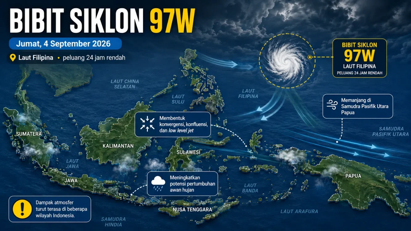 Bibit Siklon 97W Pengaruhi Cuaca Besok, BMKG Pantau Konvergensi dan Pertumbuhan Awan Hujan