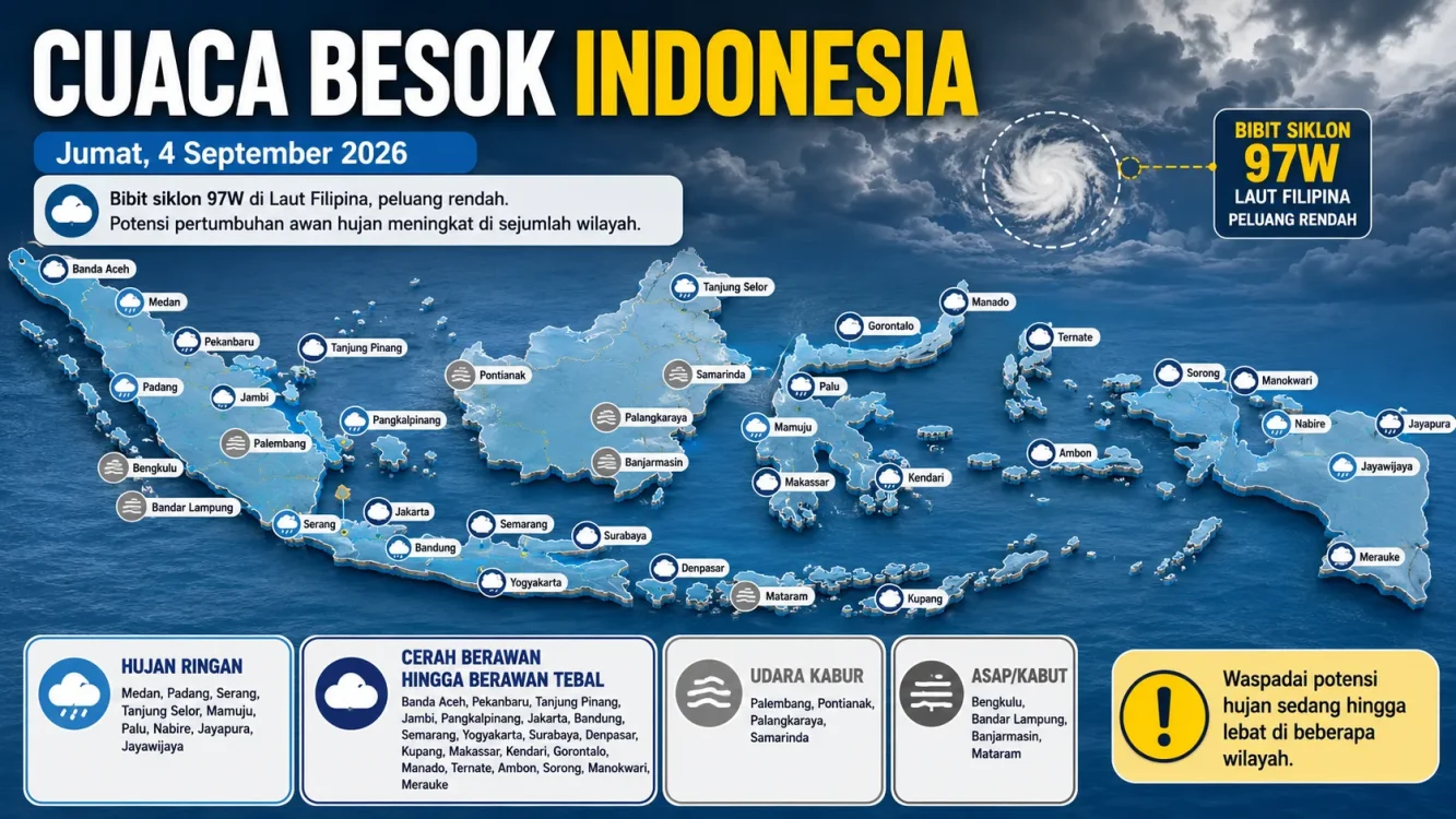 Cuaca Besok 4 September 2026, BMKG Ungkap Potensi Hujan dan Kondisi Kota Besar Indonesia