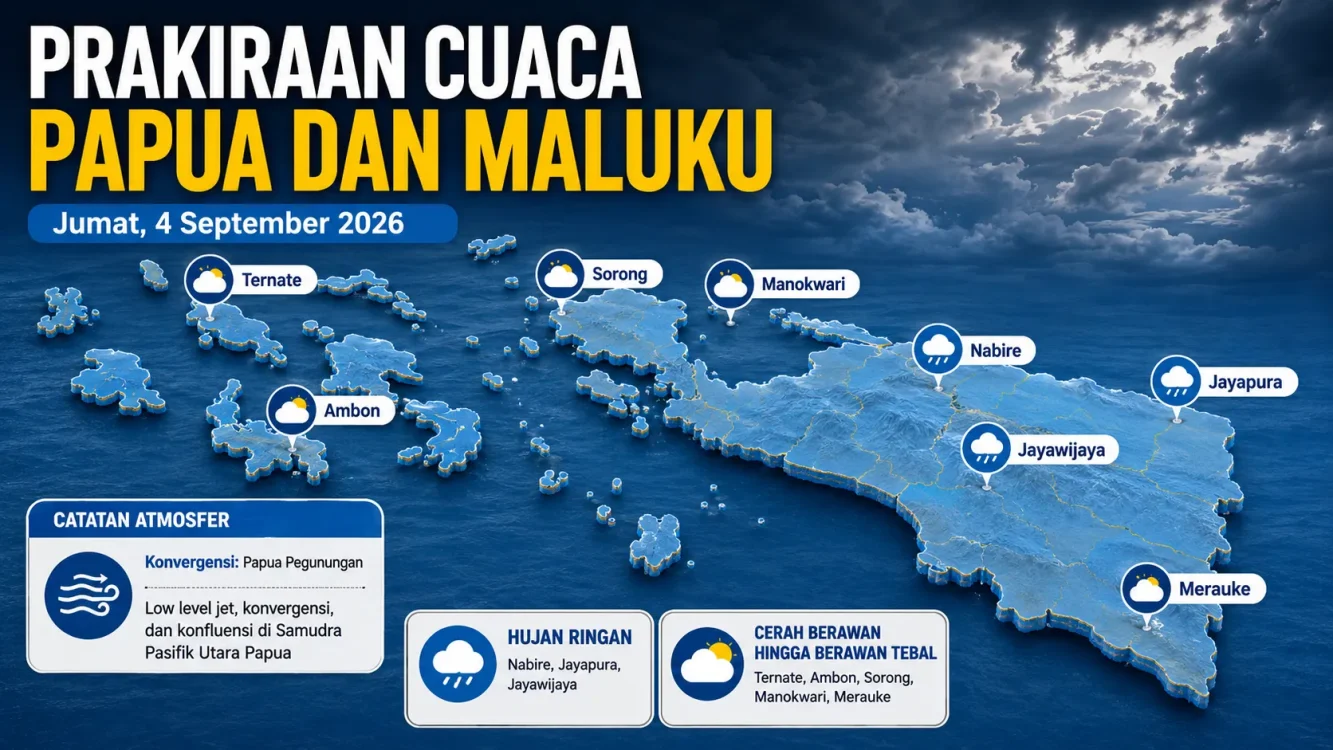Cuaca Besok Papua dan Maluku 4 September 2026 Jayapura-Nabire Hujan, Ambon-Ternate Berawan
