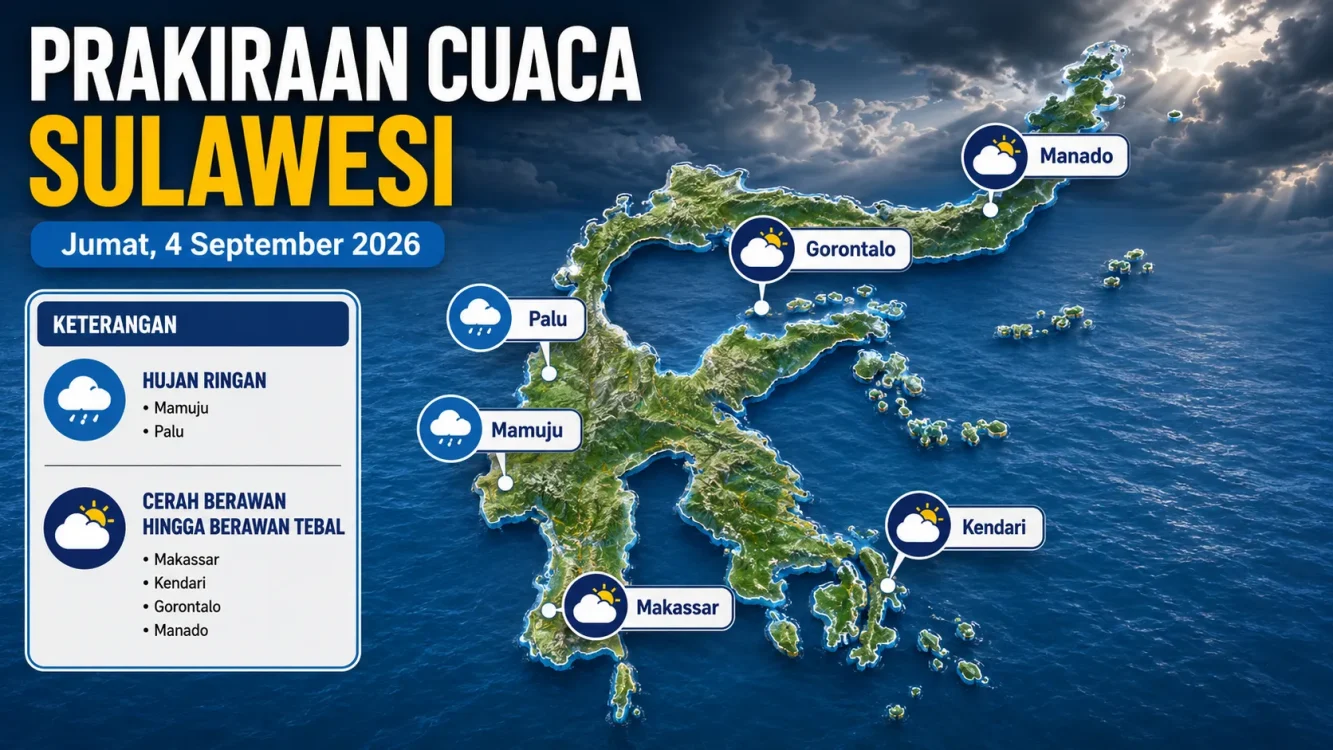 Cuaca Besok di Sulawesi 4 September 2026: Mamuju dan Palu Berpotensi Hujan Ringan