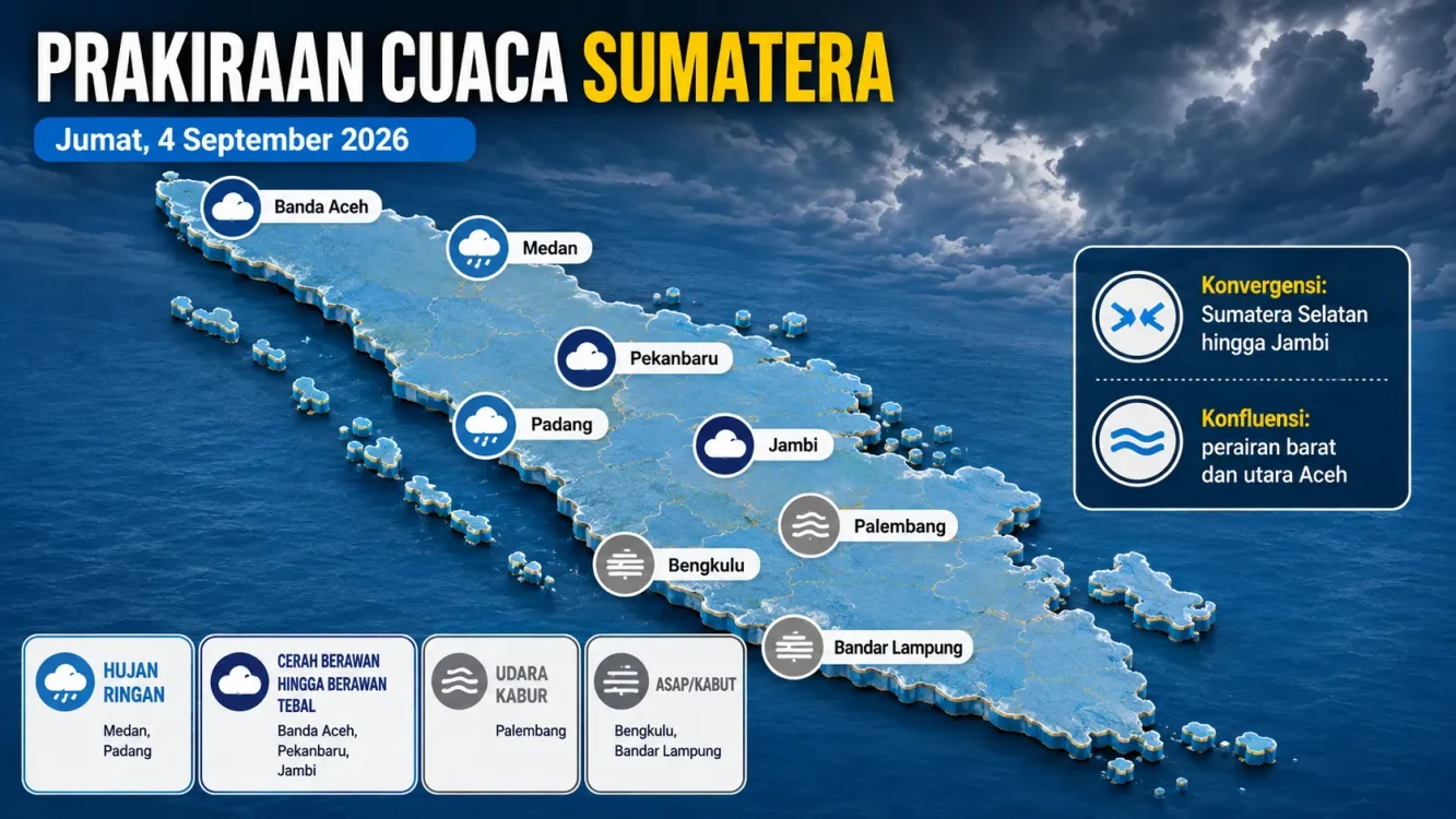 Cuaca Besok Sumatera 4 September 2026 Medan-Padang Hujan, Palembang Udara Kabur