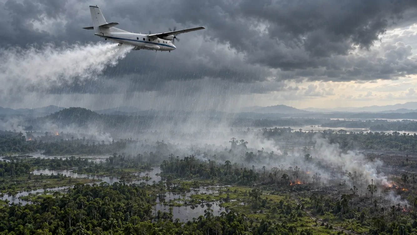 Ilustrasi Operasi Modifikasi Cuaca (OMC) di Kalimantan Barat untuk mengoptimalkan potensi hujan, membasahi lahan gambut, dan membantu menekan dampak karhutla