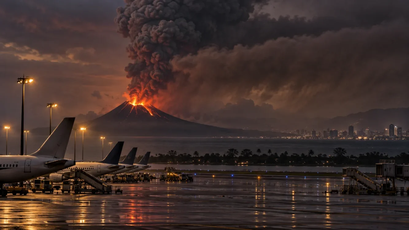 Ilustrasi erupsi Gunung Anak Krakatau yang memuntahkan abu vulkanik ke atmosfer dan berdampak pada aktivitas penerbangan