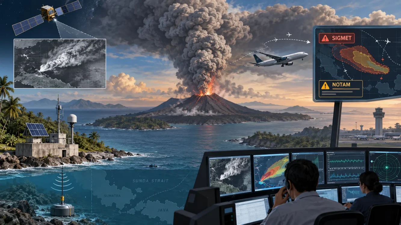 Ilustrasi pemantauan terpadu erupsi Gunung Anak Krakatau melalui citra satelit, sistem informasi penerbangan, dan instrumen pemantauan kawasan Selat Sunda