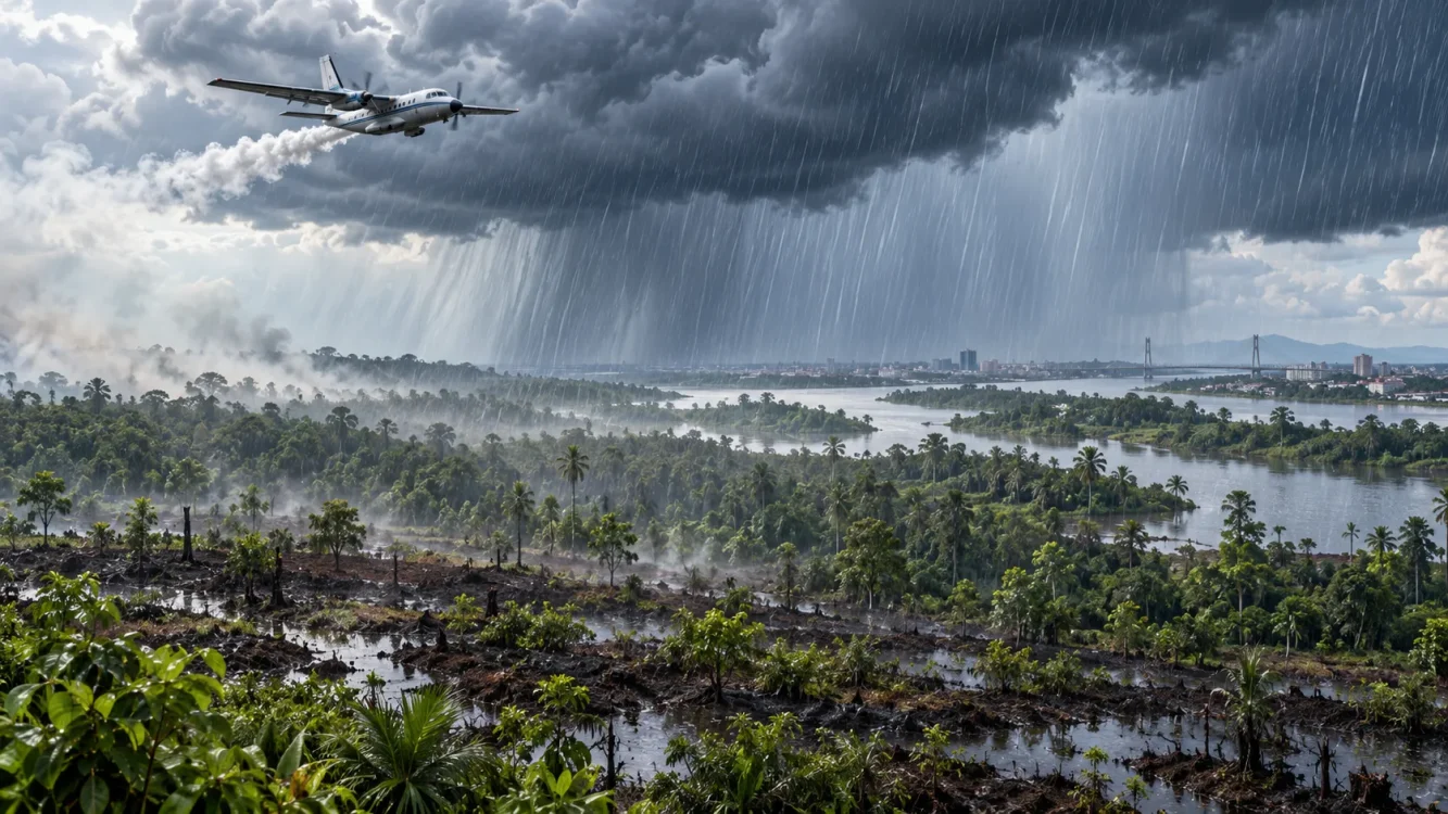Ilustrasi pesawat menjalankan penyemaian awan di tengah kondisi atmosfer lembap untuk mendukung penanganan kebakaran hutan dan lahan serta mengurangi kabut asap di Kalimantan Barat