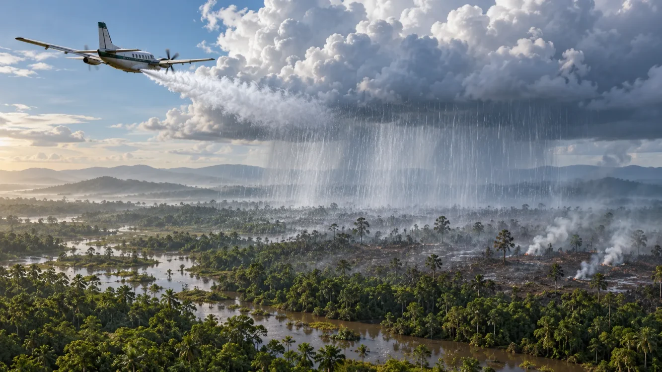 Ilustrasi proses modifikasi cuaca di atas kawasan hutan dan lahan gambut, dengan hujan yang diharapkan membantu meningkatkan kelembapan tanah dan menekan kemunculan titik api baru.