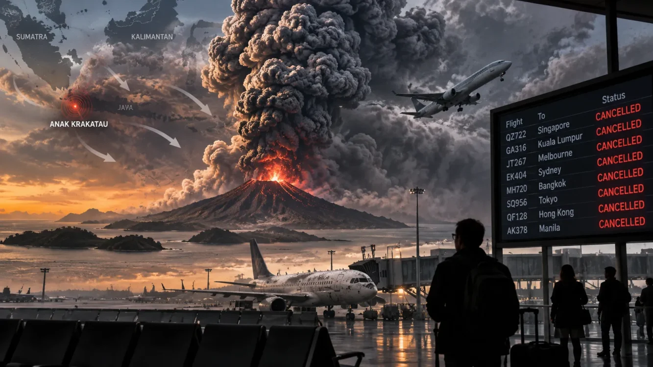Ilustrasi sebaran debu vulkanik akibat erupsi Gunung Anak Krakatau yang terpantau mencapai ketinggian hingga 50.000 kaki