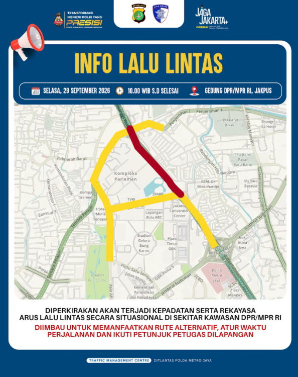 Ada Aksi di DPR Hari Ini, Ditlantas Polda Metro Imbau Pengendara Antisipasi Kepadatan