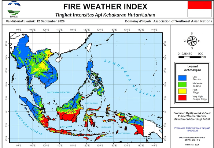 : Peta tingkat intensitas api kebakaran hutan dan lahan. (Sumber: InfoBMKG)