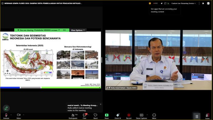 : Kepala BMKG, Teuku Faisal Fathani saat menjadi narasumber dalam Webinar Gempa Flores 2026: Dampak serta Pembelajaran untuk Penguatan Mitigasi Bencana yang digelar secara daring, Jumat (11/9/2026). (Sumber: BMKG)