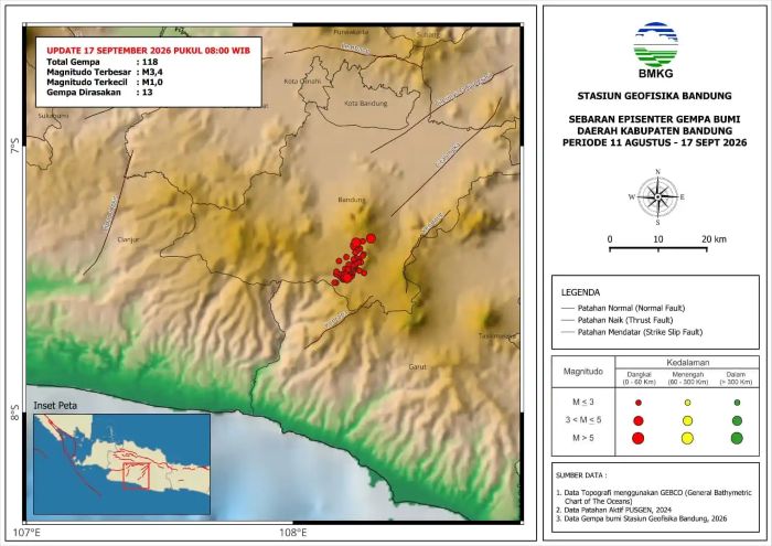 : Peta Sebaran Episenter Gempa Bumi Kabupaten Bandung 11 Agustus-17 September 2026. (Sumber:BMKG)