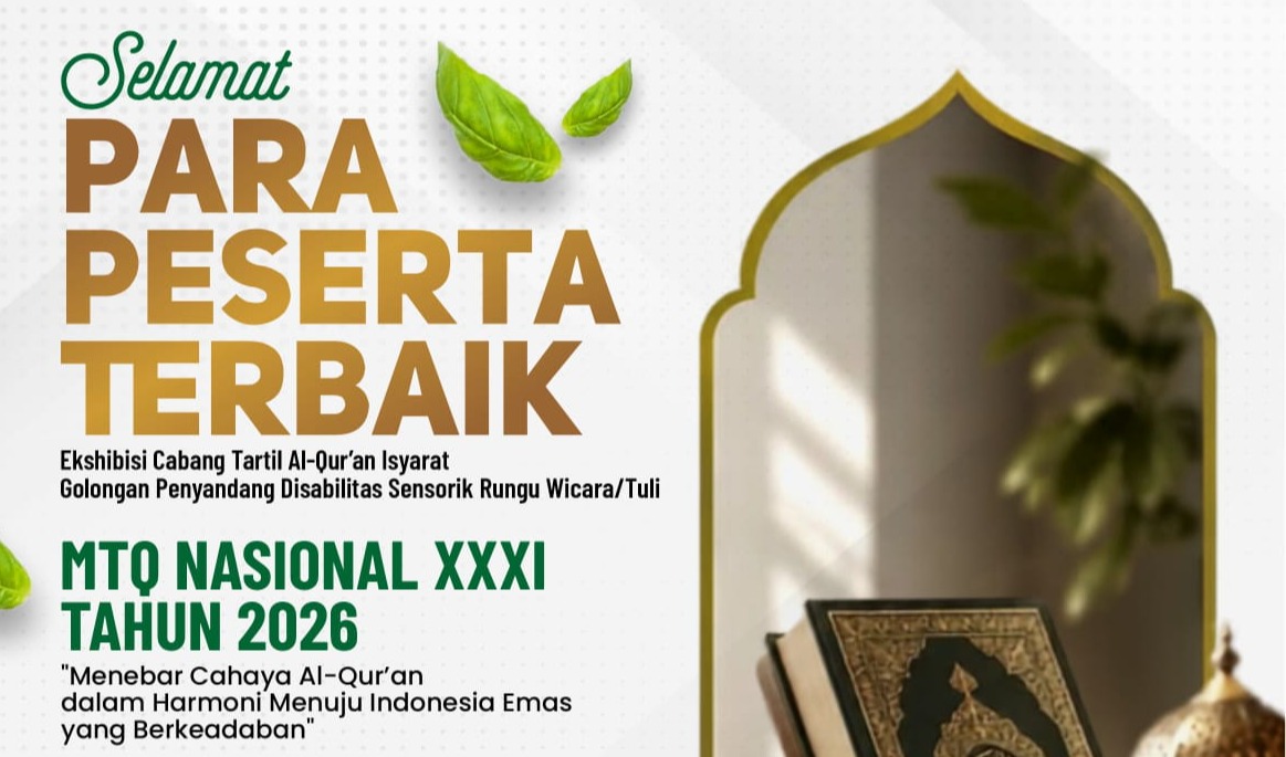 : Enam peserta ditetapkan sebagai peserta terbaik ekshibisi Tartil Al-Qur’an Isyarat pada MTQ Nasional XXXI Tahun 2026. Ekshibisi perdana ini diikuti 28 peserta Tuli dari 14 komunitas dan menjadi langkah awal pengembangan MTQ yang lebih inklusif. (Foto: Humas Kemenag)