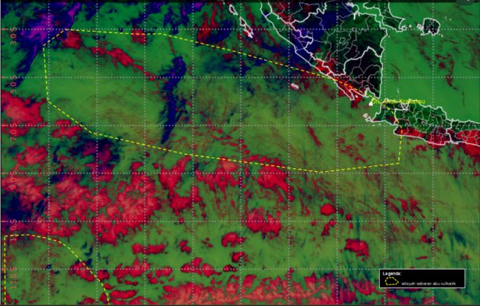 : Wilayah sebaran abu vulkanik Gunung Anak Krakatau di wilayah Selat Sunda, Senin (7/9/2026). (Sumber: BMKG)