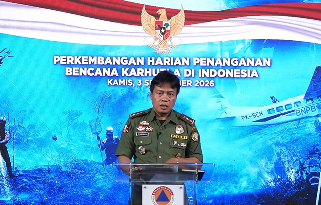 : Direktur Jenderal Gakkum Kehutanan KLH/BPLH, Dwi Januanto Nugroho dalam konferensi pers Perkembangan Harian Penanganan Bencana Karhutla di Kantor BNPB, Jakarta. (foto: YouTube BNPB)
